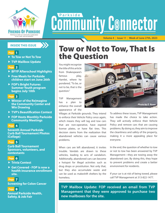 This is the latest issue of the Parkside Community Connector newsletter.
