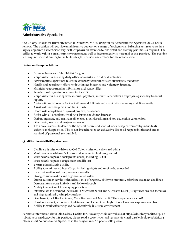 Part Time Job Opening at Old Colony Habitat for Humanity