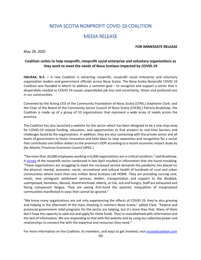 A new Coalition is attracting nonprofit, nonprofit social enterprise and voluntary organization leaders and government officials across Nova Scotia.