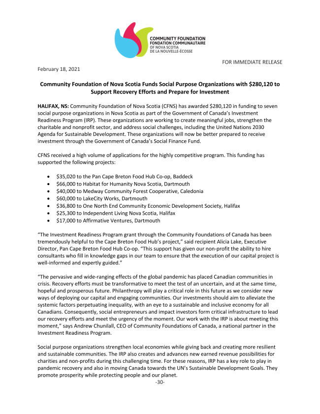 Investment Readiness Program Round 2 Results