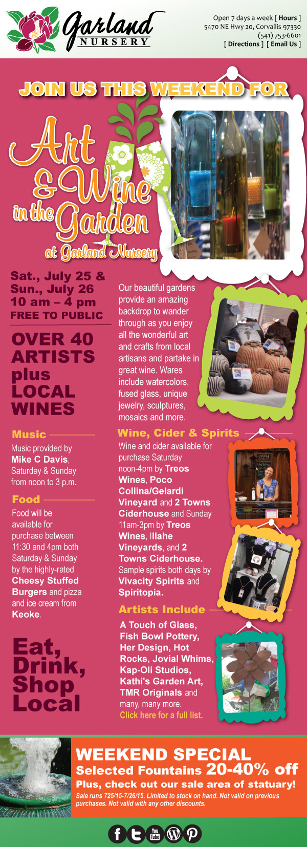 Art and Wine in the Garden plus Weekend Special