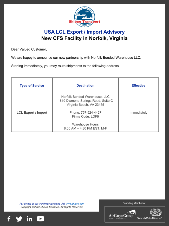 Shipco Transport Designates Norfolk Bonded Warehouse, LLC 
