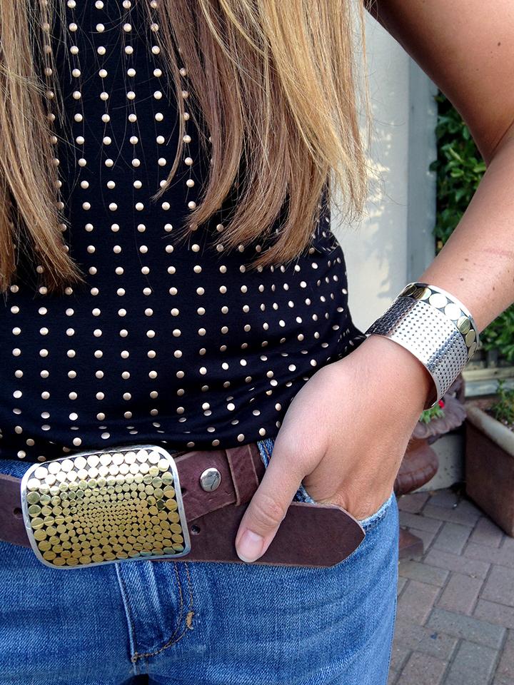 Joe's Icon Cropped Jeans, Three Dots Top, E.P. Faux Fur Jacket, Kathy Kamei Belt Buckle, Bracelet, and Earrings.