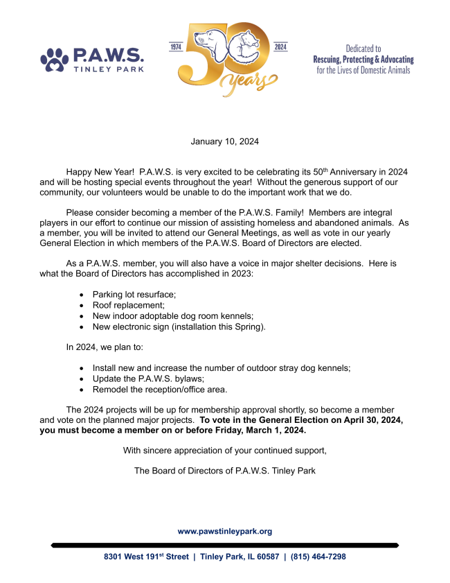 P.A.W.S. of Tinley Park 2025 Membership Drive