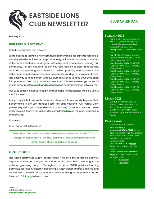 Eastside Lions Youth Rugby Club February Newsletter