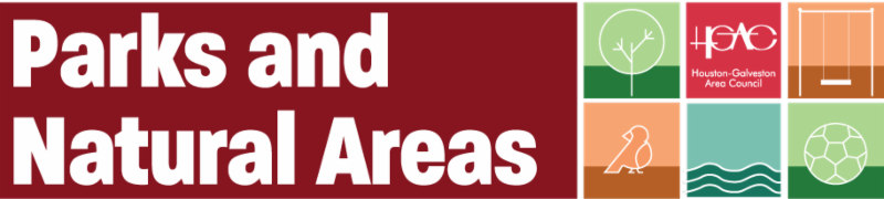 Parks and Natural Areas Banner with graphic representations of park elements H-GAC logo and Parks and Natural Areas on a field of maroon