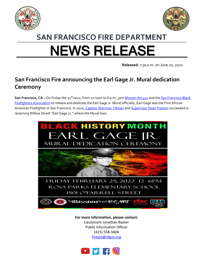 San Francisco Fire announcing the Earl Gage Jr. Mural dedication Ceremony