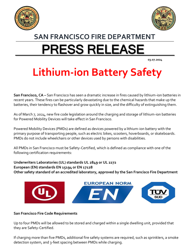 San Francisco has seen a dramatic increase in fires caused by lithium-ion batteries in recent years. These fires can be particularly devastating due to the chemical hazards that make up the batteries, their tendency to flashover and grow quickly in size, 