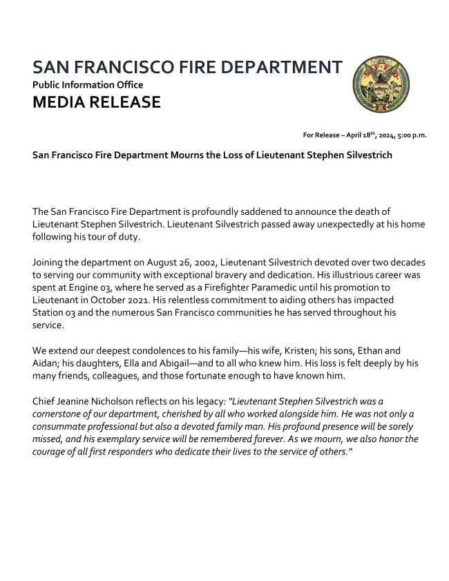 San Francisco Fire Department Mourns the Loss of Lieutenant Stephen Silvestrich