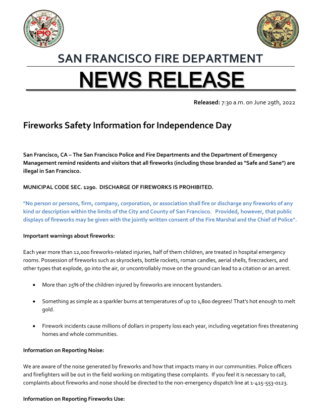 4TH OF JULY 2022 PRESS RELEASE SFFD