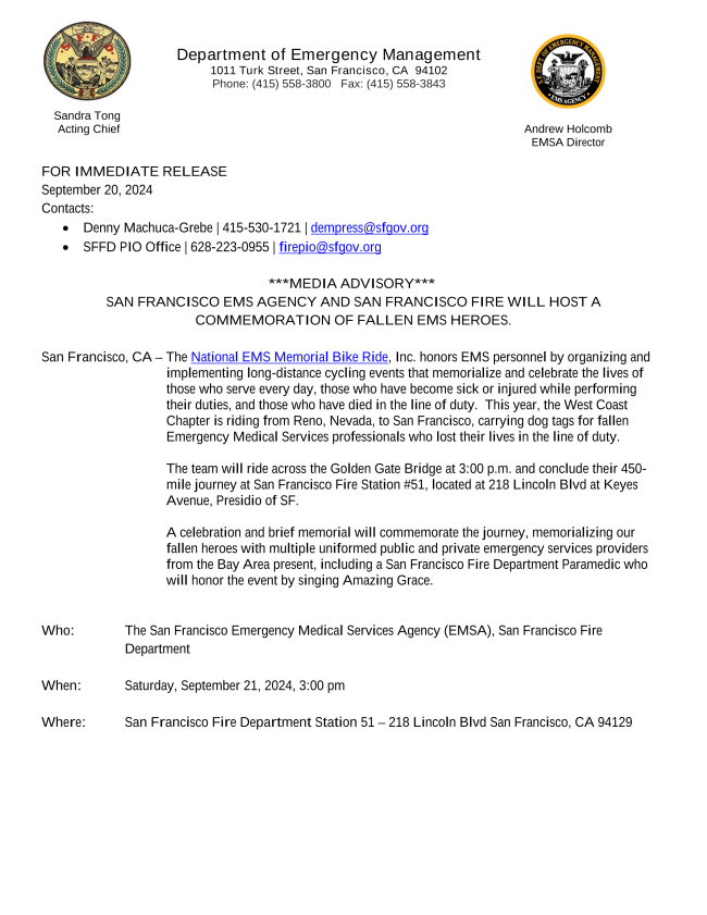 MEDIA ADVISORY
SAN FRANCISCO EMS AGENCY AND SAN FRANCISCO FIRE WILL HOST A COMMEMORATION OF FALLEN EMS HEROES.