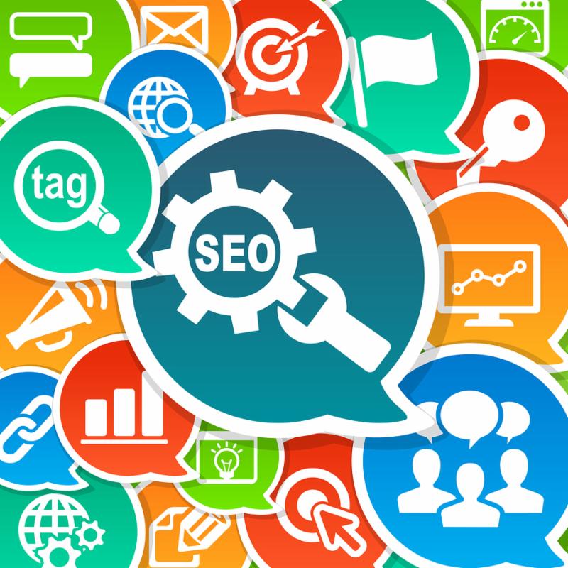 SEO Search Engine Optimization Marketing Concept Background with various icons