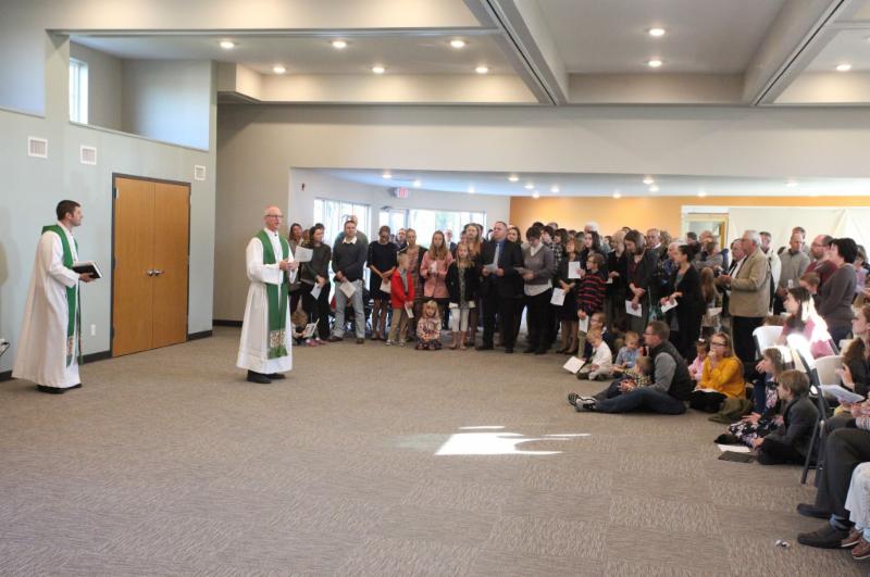 Pastor Timothy Hartwig at the dedication service in the new fellowship hall of Peace_ North Mankato MN