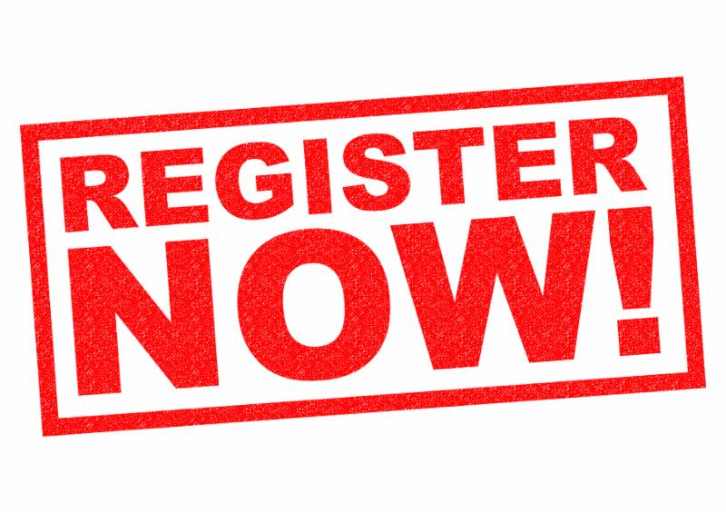 REGISTER NOW  red Rubber Stamp over a white background.