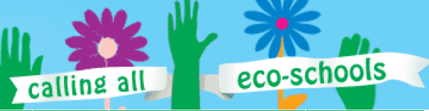 The words "Calling All Eco-Schools" with flowers and hands illustrations.