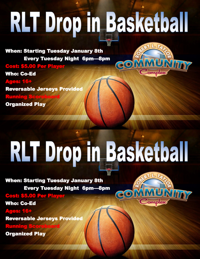 Basketball is BACK at the RL Taylor Community Complex!! Join us for STRUCTURED DROP-IN play every Tuesday night from 6pm to 8pm! We will provide Reversible Jerseys, Running clock, and a Sign Up Board run by our friendly staff! All for only $5!!!