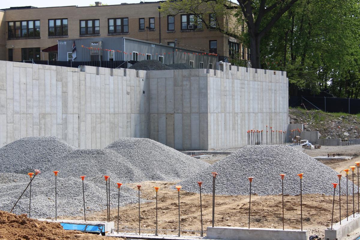 A photo of the new Hutchinson School construction showing a wall of the gym