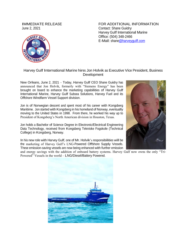 Harvey Gulf International Marine hires Jon Holvik as Executive Vice President, Business Development
