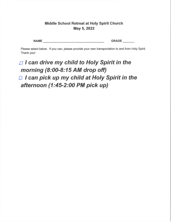 Middle School Retreat 2022 Permission Slip