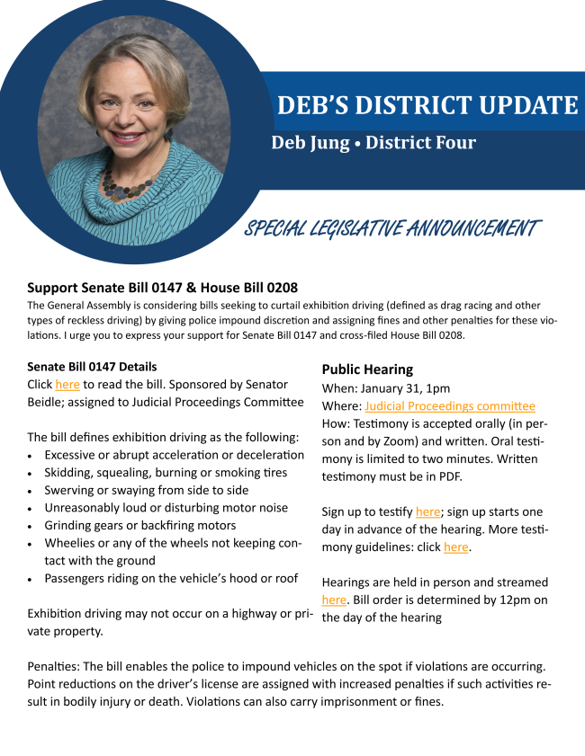 Support SB0147 Curtailing dangerous exhibition driving and drag racing 