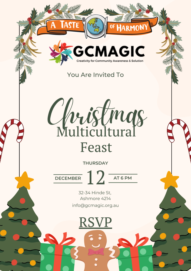  FREE EVENT A Taste of Harmony Christmas Celebration 
Join us as we celebrate cultural diversity this Christmas!  Enjoy live music, dancing, and delicious dishes from different cultural backgrounds in our Creative Space.