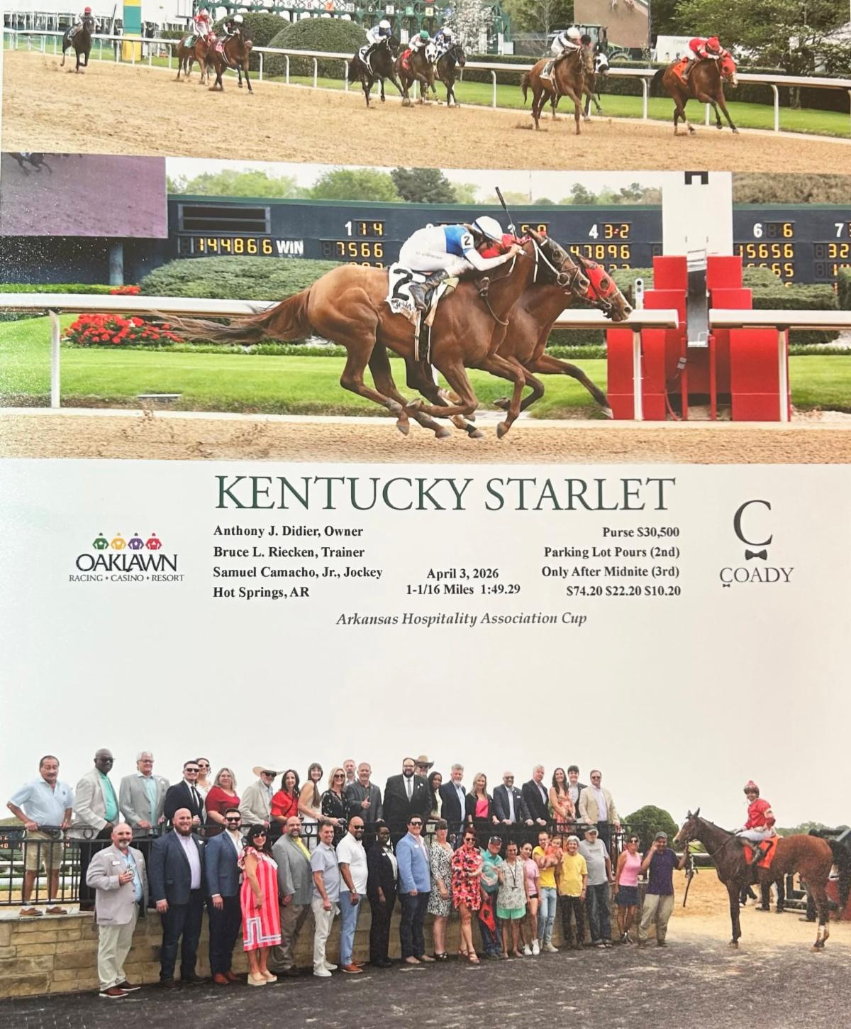 AHA members and guests gather with the winning horse following the Arkansas Hospitality Cup Race at Oaklawn