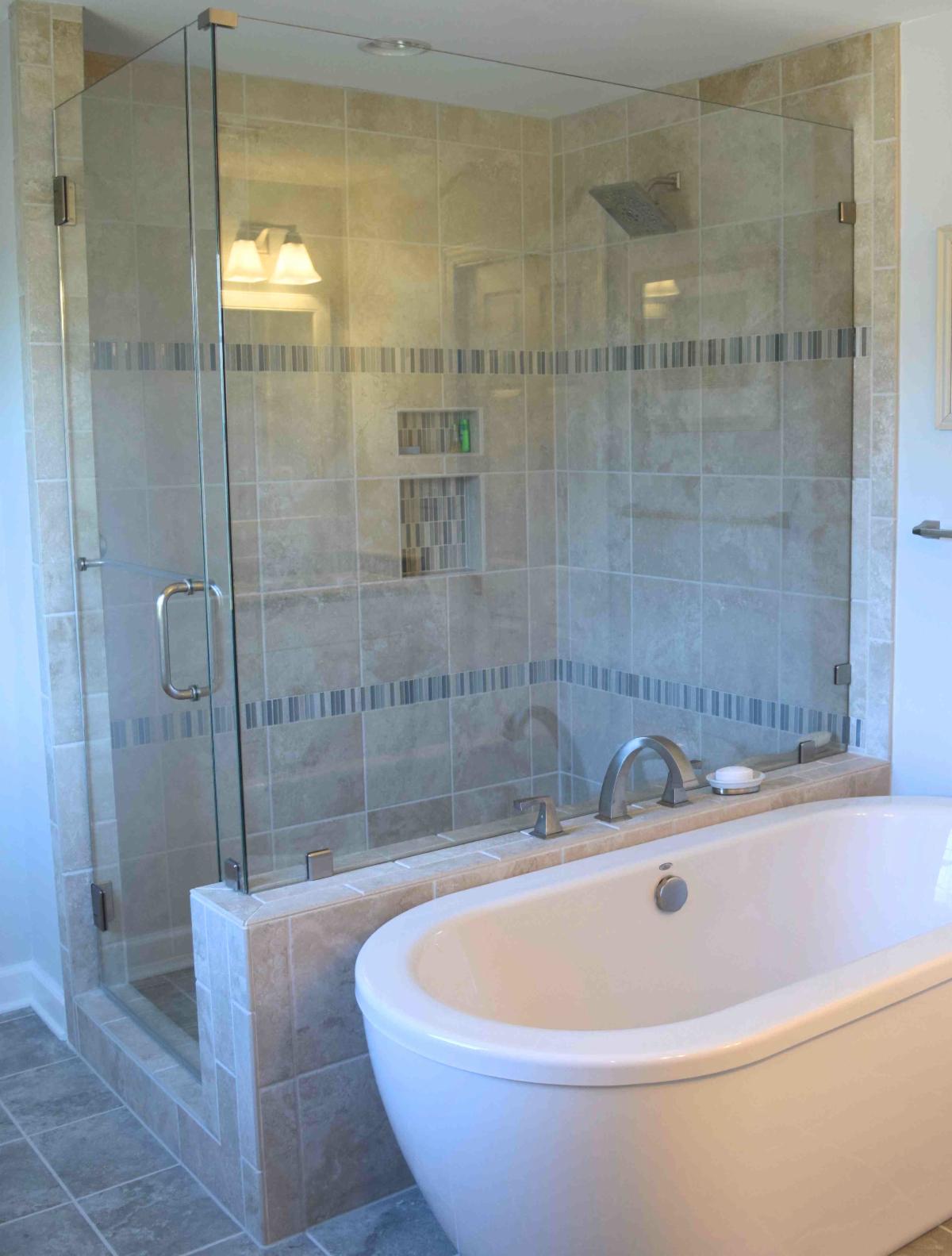 Bathroom Shower Tile Stacked with Deco and Inset Shelves