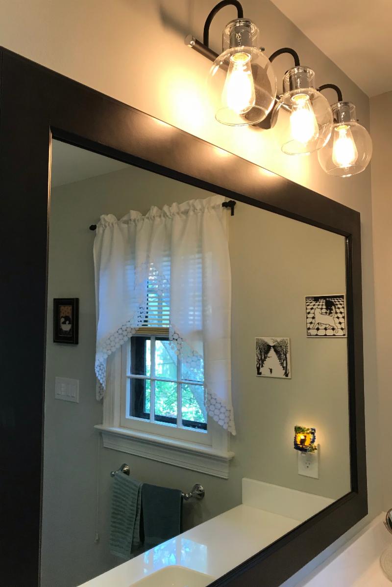 Vann, Bathroom, Remodel, Custom Mirror Frame, Retro Light Fixture